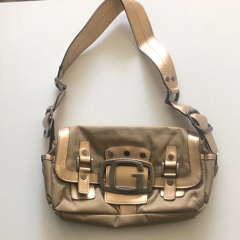 Guess Metallic Gold Shoulder Bag with Buckle Accent - Picture 1 of 10